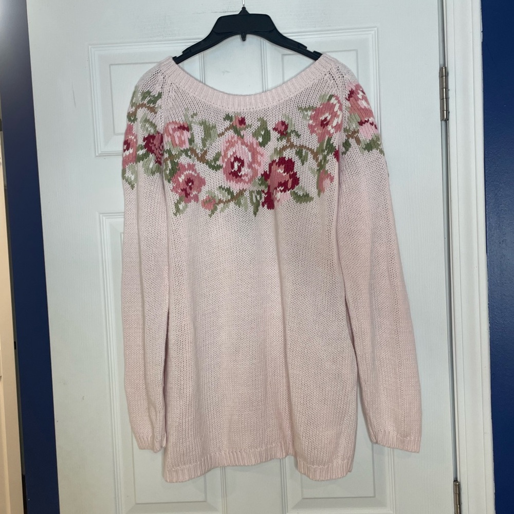 TOGETHER pink hand-knit cotton blend sweater with rose intarsia - Large